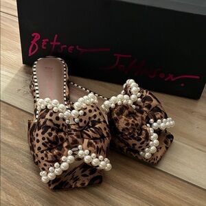 Betsey Johnson Leopard Print Mules with Pearl Accents